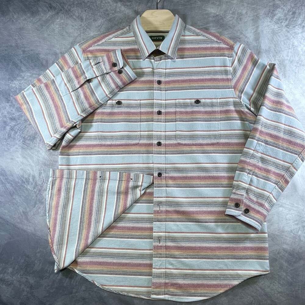 Orvis Striped Flannel Shirt Men's Medium Blue Cotton Long Sleeve Sz L